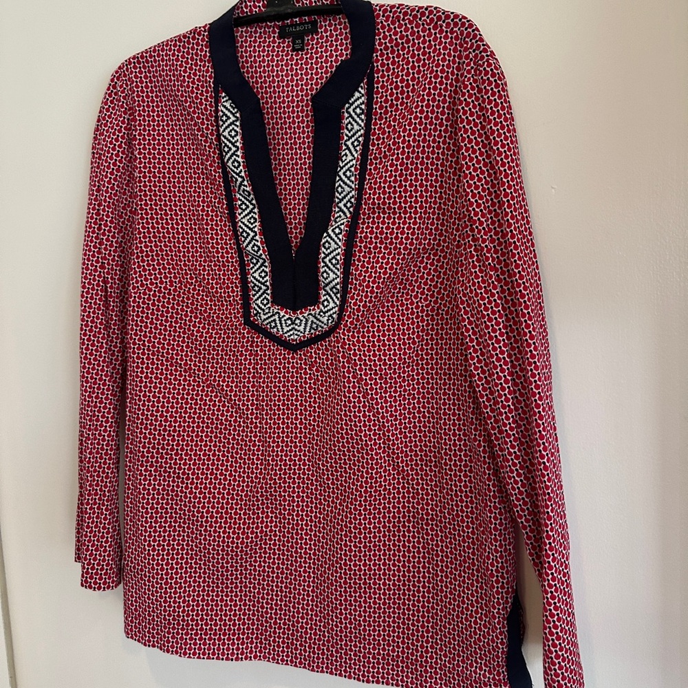 Talbots Red & Navy Geometric Tunic Top | Boho Chic | Size XS